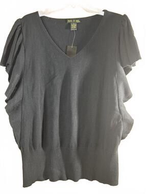 HC1152Faith & Zoe Black Ruffle Sleeve V-Neck Sweater Top